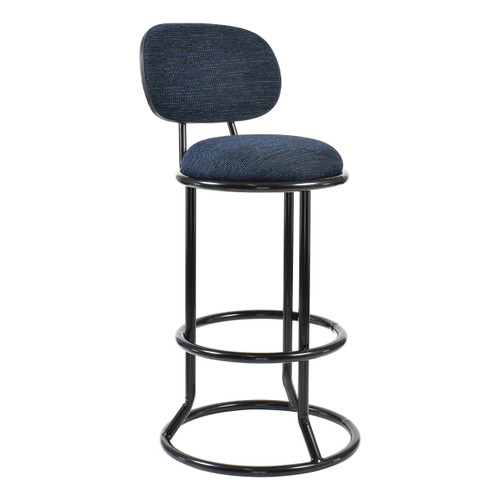 Three Ring Barstool with Backrest, barstool featuring a cushioned seat and backrest with a black metal frame and circular footrest. Three Ring Barstool with Backrest, barstool featuring a cushioned seat and backrest with a black metal frame and circular footrest.