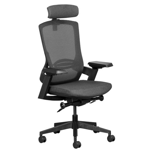 Firefly Mesh High-back Office Chair, ergonomic office chair with adjustable headrest, mesh backrest, padded seat, and armrests, on a swivel base with wheels for mobility.