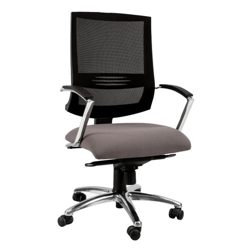 Santorini Heavy Duty High-back Office Chair, ergonomic ergonomic office chair with black mesh backrest, cushioned gray seat, and adjustable armrests.