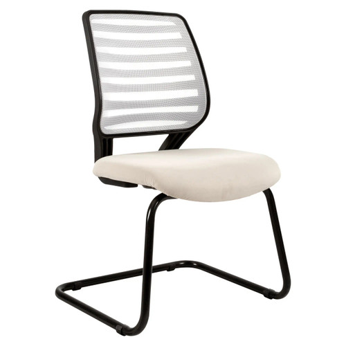 Aylee Visitor Office Chair, modern ergonomic chair with a black mesh backrest, cushioned beige seat, and a sled base design.