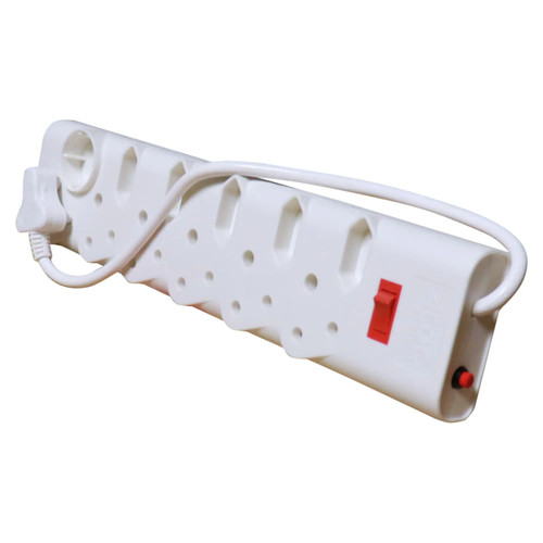 Multi Plug, 6 X 16A SA, 5 X Euro, 1 X Schucko Extender, product image showing a white multi-outlet power strip with multiple sockets and an on/off switch. Multi Plug, 6 X 16A SA, 5 X Euro, 1 X Schucko Extender, product image showing a white multi-outlet power strip with multiple sockets and an on/off switch.
