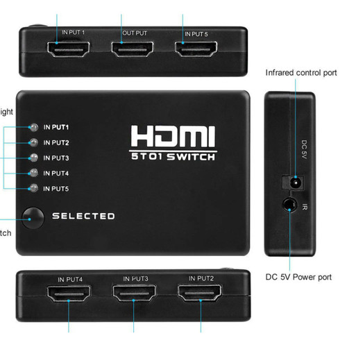 5-Port HDMI Switch AD2006, electronic device with multiple HDMI input ports and one output port, featuring LED indicators, infrared control port, and power input for connecting multiple HDMI devices.