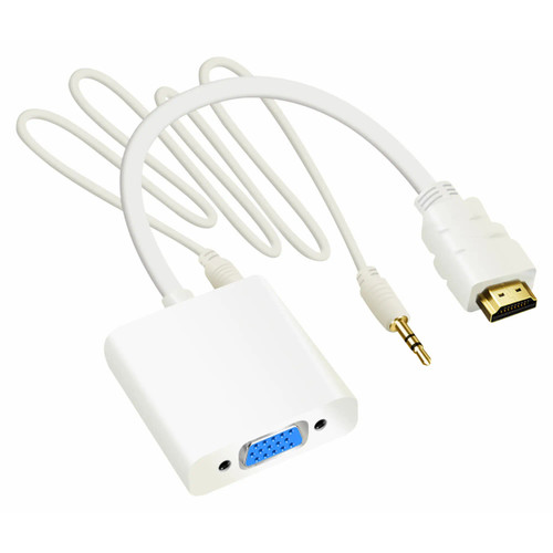 HDMI To VGA With Audio Converter, white HDMI to VGA adapter with 3.5mm audio jack and VGA port, compact electronic device for converting HDMI signals to VGA output.