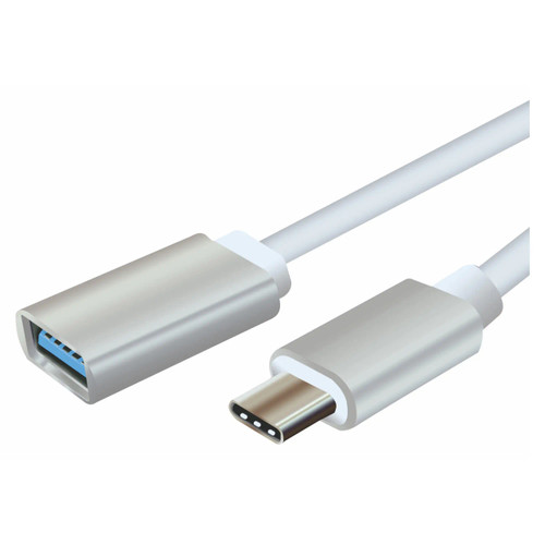 USB C Male To USB A Female Adapter, 1M length, AD2018 model, silver-colored with white cable.
