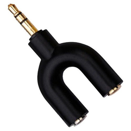 3.5mm Male Audio Jack - 2 x 3.5mm Female Audio Jack Adaptor, black audio connector with gold-plated plugs for headphone and microphone compatibility. 3.5mm Male Audio Jack - 2 x 3.5mm Female Audio Jack Adaptor, black audio connector with gold-plated plugs for headphone and microphone compatibility.