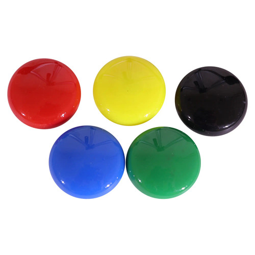 Circular Magnets, Set of Five Assorted Coloured 30 mm Magnets on a Card, Featuring Red, Yellow, Black, Blue, and Green Magnets.