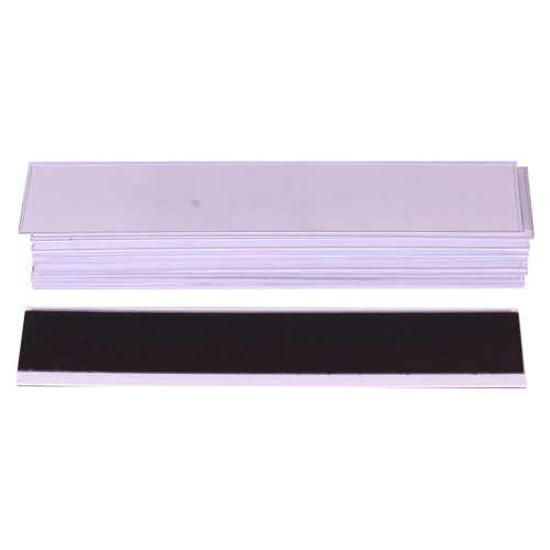 Magnetic Label Carriers (20*100mm - 10 Pack), product image showing ten white magnetic label carriers with black label insert for organizing items. Magnetic Label Carriers (20*100mm - 10 Pack), product image showing ten white magnetic label carriers with black label insert for organizing items.