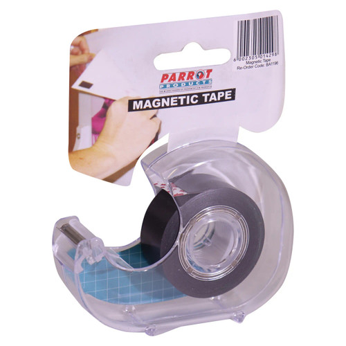 Magnetic Flexible Tape S/Adhesive, clear plastic tape dispenser with black adhesive magnetic tape roll inside. Magnetic Flexible Tape S/Adhesive, clear plastic tape dispenser with black adhesive magnetic tape roll inside.