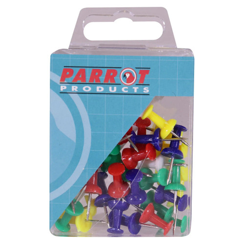 Push Pins, boxed pack of 30 assorted push pins in various colors including red, yellow, blue, green, and white, used for office or school purposes.