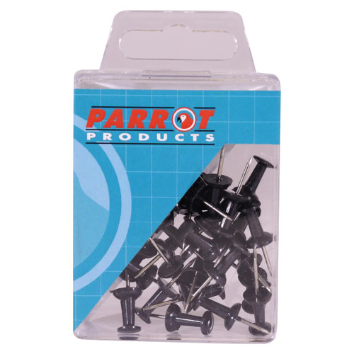 Push Pins (Boxed 30 - Black), product packaging showing a clear plastic box filled with black push pins for office or school use.
