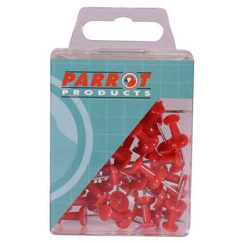 Push Pins (Boxed 30 - Red), a pack of red push pins in a plastic container for sticking papers on bulletin boards or surfaces.