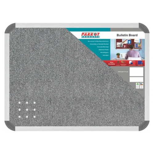 Bulletin Board Ribbed Aluminium Frame, 600x450mm in Laurel color with a textured grey fabric surface for displaying notices and posters.