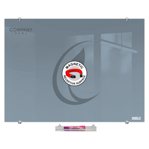 Glass Board Designer Series Magnetic Custom Printed (900x600mm) BD1725A, a large gray glass whiteboard with a magnetic surface and custom print design, mounted on the wall with metallic standoffs.