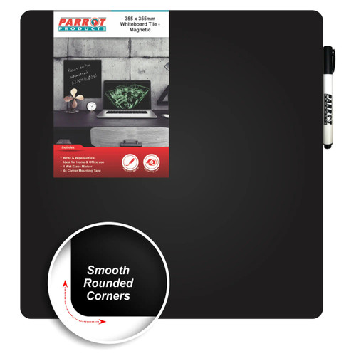 Magnetic Whiteboard Tile, 355x355mm black rectangular board with rounded smooth corners and a white dry erase marker attached on the right side.