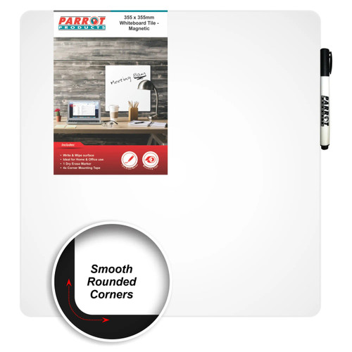 Product Magnetic Whiteboard Tile (355*355mm - White) BD1817W, white magnetic whiteboard with smooth rounded corners and a marker attached.