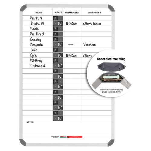 In/Out Board Magnetic 20 People, image of a large whiteboard with names, in/out statuses, return times, and messages, featuring magnetic indicators and a concealed mounting with wall screws and masonry plugs. In/Out Board Magnetic 20 People, image of a large whiteboard with names, in/out statuses, return times, and messages, featuring magnetic indicators and a concealed mounting with wall screws and masonry plugs.