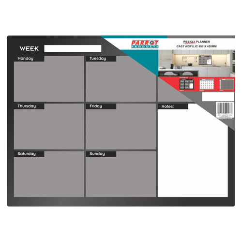 Cast Acrylic Weekly Planner, a large 600 x 450mm clear acrylic wall planner with sections for each day of the week, designed for organizational use.