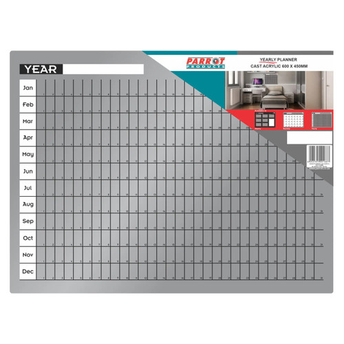 Cast Acrylic Yearly Planner, clear cast acrylic 600 x 450mm with a detailed calendar layout for each month and year, suitable for office or home planning. Cast Acrylic Yearly Planner, clear cast acrylic 600 x 450mm with a detailed calendar layout for each month and year, suitable for office or home planning.