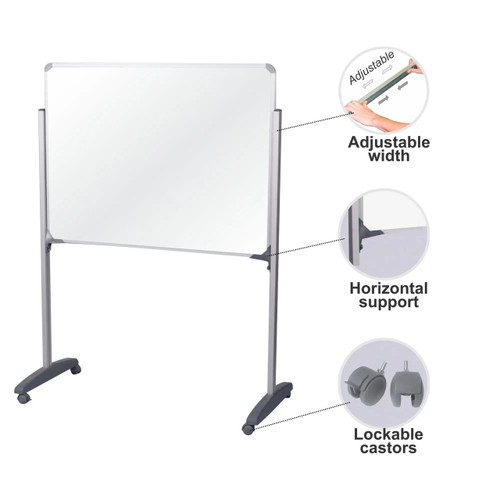T-Leg Set, adjustable-width whiteboard with horizontal support and lockable castors for mobility, designed for boards up to 1500mm.