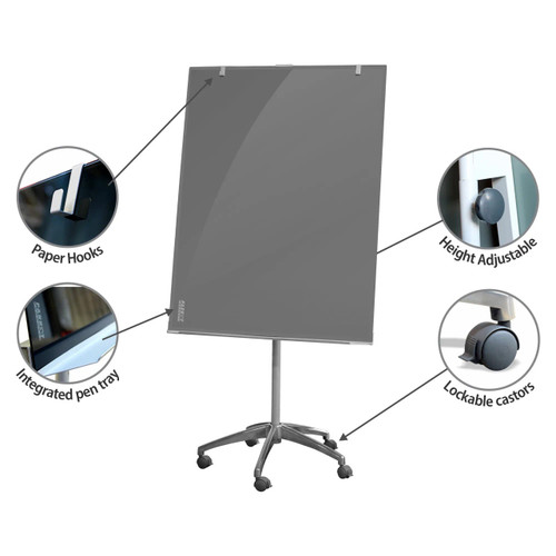 Customizable Glass Flipchart 900x1200mm BD9144, with adjustable height, lockable casters, integrated pen tray, paper hooks, and a sleek glass surface for versatile presentations. Customizable Glass Flipchart 900x1200mm BD9144, with adjustable height, lockable casters, integrated pen tray, paper hooks, and a sleek glass surface for versatile presentations.