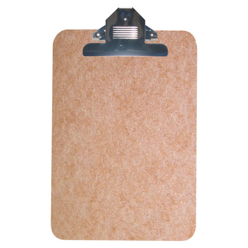Masonite Clipboard, A4 size 355x230mm with brown cork surface and metal clip for holding papers.