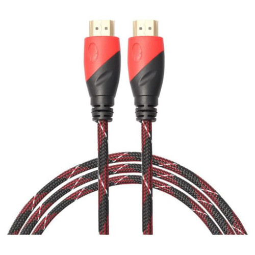 Braided HDMI Cable 7 Meters, close-up of the red and black braided HDMI cable with gold-plated connectors. Braided HDMI Cable 7 Meters, close-up of the red and black braided HDMI cable with gold-plated connectors.