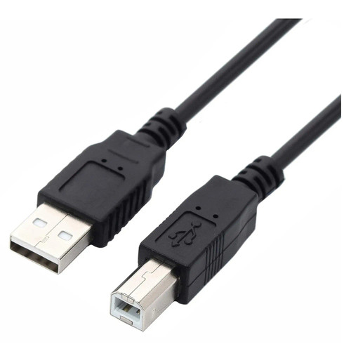 USB 2.0 AM To BM Cromo (2 Meters)  CL2002A, close-up image of a 2-meter black USB cable showing the USB Type A Male and Type B Male connectors for connecting electronic devices.