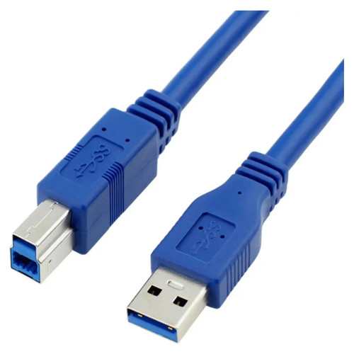 USB 3.0 A Male To Male B Cable, 5 Meters, blue color with connectors on both ends for data transfer.