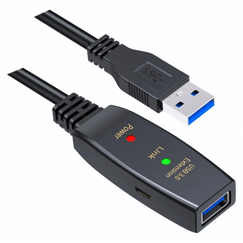 USB 3.0 Active Extension A-Male to A-Female 10M Cable, black extension cable with LED indicators for link and power connected to a USB 3.0 port.