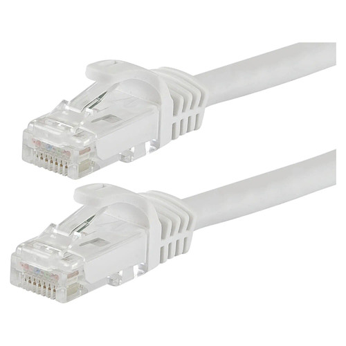 Network Cable (Cat 6 - 10 Metres) CL3010, Close-Up of Two White Ethernet Cables with RJ45 Connectors for High-Speed Internet and Network Connections.
