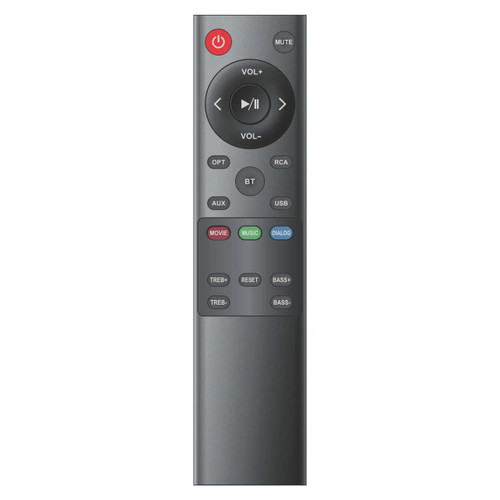 Parrot Speaker Sound Bar Spare Remote (CT3017 / CT3018) CT3017R, a black and grey TV remote control with various buttons including volume, mute, source, and playback controls.