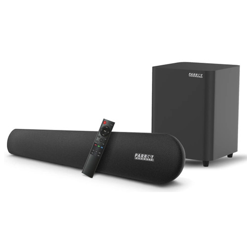 Parrot Speaker Sound Bar + 5.25 Inch Wireless Sub Incl Wall Bracket CT3018, black soundbar with remote control and subwoofer with wall bracket for high-quality home audio. Parrot Speaker Sound Bar + 5.25 Inch Wireless Sub Incl Wall Bracket CT3018, black soundbar with remote control and subwoofer with wall bracket for high-quality home audio.