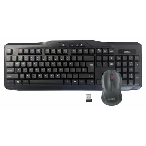 Wireless Keyboard + Mouse Combo IC0003, black wireless keyboard with numeric keypad, multimedia control keys, and ergonomic design, accompanied by a wireless mouse with optical sensor and a USB receiver. Wireless Keyboard + Mouse Combo IC0003, black wireless keyboard with numeric keypad, multimedia control keys, and ergonomic design, accompanied by a wireless mouse with optical sensor and a USB receiver.