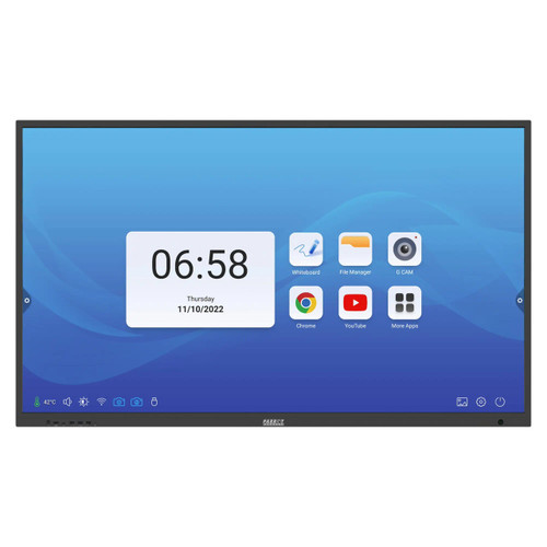 Interactive Touch LED Panel 65" IP0065A, large touchscreen digital display with user interface, home screen featuring clock, date, and app icons for whiteboard, file manager, G CAM, Chrome, YouTube, and more apps, suitable for presentations and collaborative work. Interactive Touch LED Panel 65" IP0065A, large touchscreen digital display with user interface, home screen featuring clock, date, and app icons for whiteboard, file manager, G CAM, Chrome, YouTube, and more apps, suitable for presentations and collaborative work.