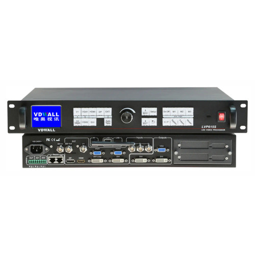 Digital Video Processor (LED Screens) LVP615S, front view of the LED video processor with multiple input and output ports, control buttons, and a display screen. Digital Video Processor (LED Screens) LVP615S, front view of the LED video processor with multiple input and output ports, control buttons, and a display screen.