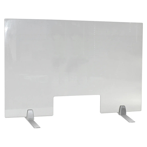 Glass Till Point Screen 580 x 880mm Landscape MEDTS04, clear glass partition with metal supports for retail counters.
