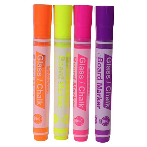 Glass/Chalkboard Markers Pouch 4, image showing four colorful chalk markers in orange, yellow, pink, and purple with retracted caps.