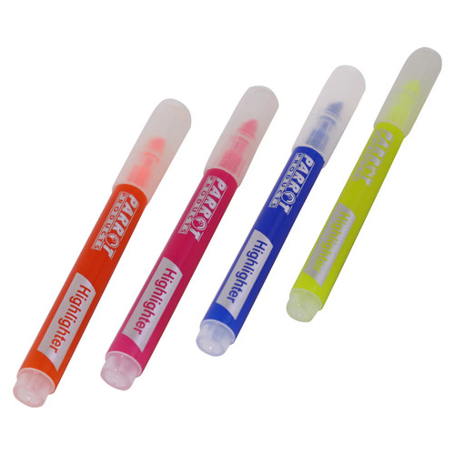 Slimline Highlighters (Pouch 4) PH0401C, set of four colorful highlighters in orange, pink, blue, and yellow with transparent caps on a white background.