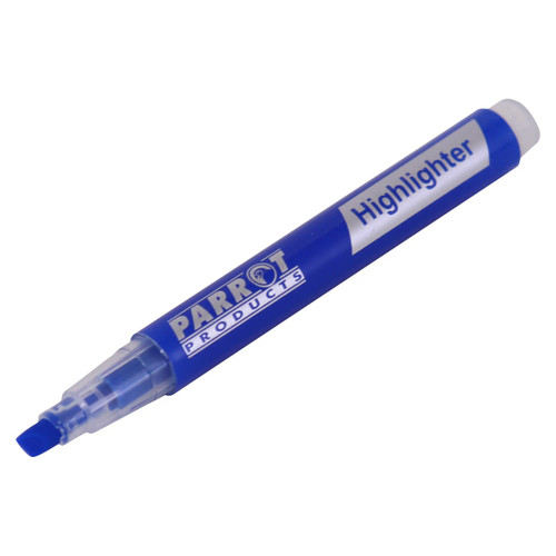 Product Slimline Marker Highlighters, box of 12 blue highlighters with slim design and chisel tips for highlighting text.