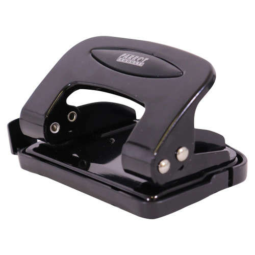 Steel Hole Punch (10 Sheets - Black), a black metal hole puncher for punching holes in sheets of paper.