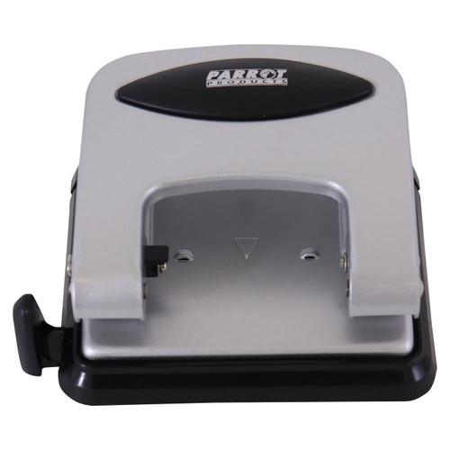 Steel Hole Punch (30 Sheets - Silver), a compact silver and black hole puncher designed for punching up to 30 sheets of paper.