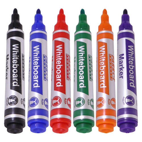 Whiteboard Markers, set of 6 bullet tip markers in a pouch with various colors including black, blue, red, green, orange, and purple