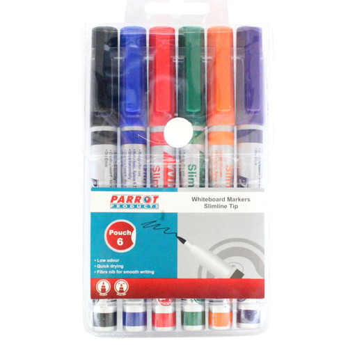 Whiteboard Markers (6 Markers - Slimline Tip - Pouch)