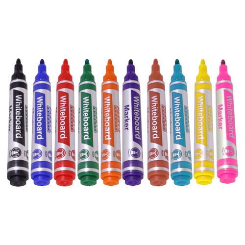 Whiteboard Markers (10 Markers - Bullet Tip) PW1001A, set of colorful whiteboard markers with bullet tips arranged in a row.
