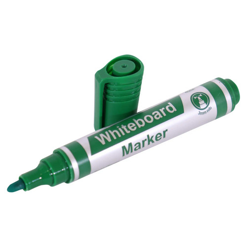 Whiteboard Markers, 10 green bullet tip markers with a cap shown beside the marker, model PW1001G. Whiteboard Markers, 10 green bullet tip markers with a cap shown beside the marker, model PW1001G.