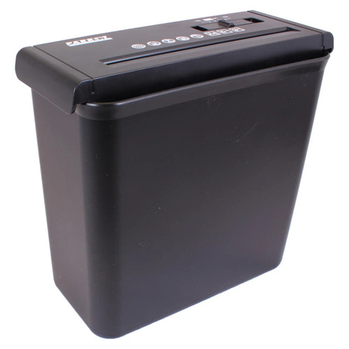 Paper Shredder (5 Sheet - 6.8mm - Strip Cut - Low Security) S100, black compact paper shredder with a top slot for shredding documents.
