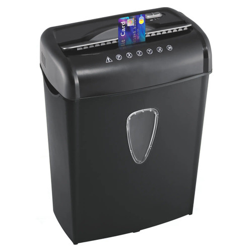 Paper Shredder (8 Sheets - 5*47mm - Cross Cut - Medium Security) S1008CC, black shredder with a transparent window on the front and a slot for inserting paper and credit cards Paper Shredder (8 Sheets - 5*47mm - Cross Cut - Medium Security) S1008CC, black shredder with a transparent window on the front and a slot for inserting paper and credit cards
