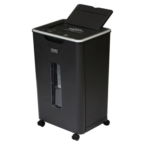 Paper Shredder S801, black cross-cut shredder with auto feed for 60 sheets, 4x30mm shred size, medium security, on wheels for easy mobility.
