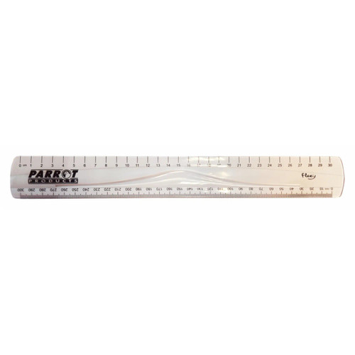 Parrot Flexible Ruler 30 cm Clear, Image Showing a Transparent Flexible Ruler with Measurement Markings in Inches and Centimeters.