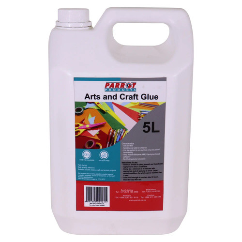 Arts and Craft Glue - 5L, white plastic container of glue with a handle and screw cap, label showing images of arts and crafts supplies including scissors, paper, and markers.